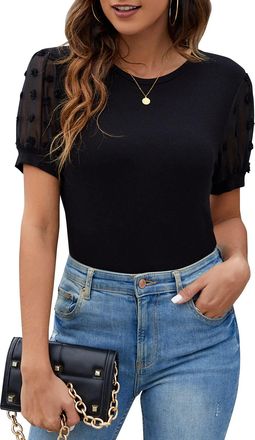 Blooming Jelly Womens Casual Tops Short Sleeve T Shirts Round Neck Summer Tops Elegant Blouses Work Shirts Black