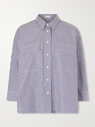 Brunello Cucinelli Camicia In Popeline Di Cotone A Righe - Blu