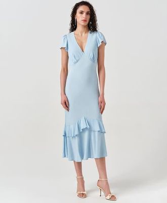 Ghost London Corinne Frill Crepe Midi Dress in Blue at Nordstrom, Size 16