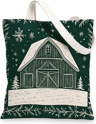 Generic Winter Vintage Farmhouse Christmas Canvas Tote Bag for Shopping 13x15, Retro Country Barn Xmas Reusable Grocery Print Bag for Women Men, Farm Holiday 