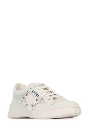 Roger Vivier Womens Viv Skate Strass Buckle Mesh Biancomarmo Leather - Sole: Rubber Sneaker