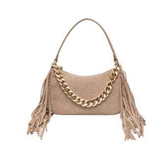 Twinset Shoulder Bags, female, Beige, Size: ONE SIZE Fringed Leather Shoulder Bag