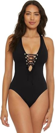 BECCA by Rebecca Virtue Womens BECCA Modern Edge Swimsuit Black Crossback Strap One Piece RED1124