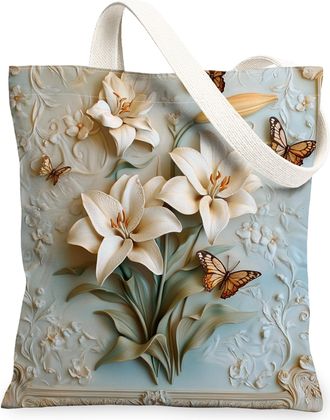 Generic Spring Relief Lilies Flower Canvas Tote Bag for Shopping 13x15, Luxury Floral Wildflower Reusable Grocery Print Bag for Women Men, Garden Aesthetic Pa