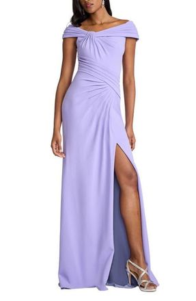 Tadashi Shoji Off the Shoulder Crepe Column Gown in Lavender Mist at Nordstrom, Size X-Large
