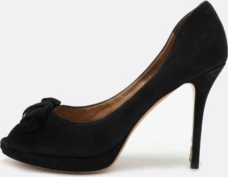 Ferragamo Black Suede Rosella Peep Toe Pumps