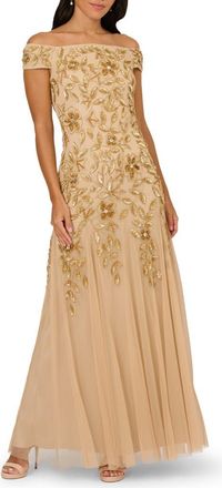 Adrianna Papell Sequin Floral Off the Shoulder Gown in Champagne Gold at Nordstrom, Size 12