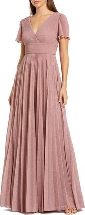 Mac Duggal Pleated Metallic Flutter Sleeve A Line Gown in Dusty Rose at Nordstrom, Size 20