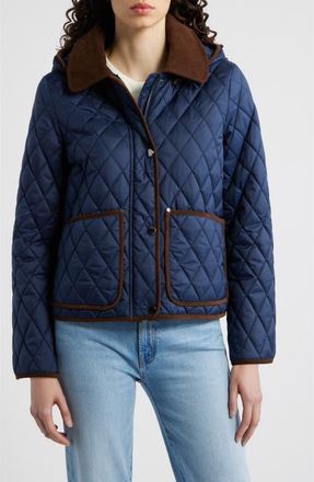 London Fog Water Resistant Corduroy Trim Quilted Coat in Dark Navy at Nordstrom, Size X-Small