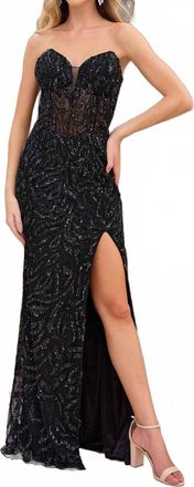 Primavera Strapless Beaded Sequin Prom Dress In Black