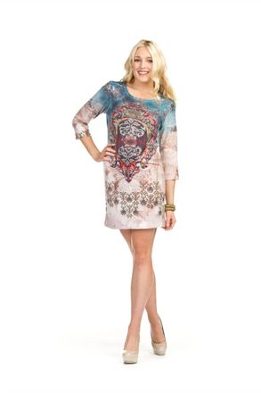 Papillon Lace Print 3/4 Sleeve Sweater Dress In Blue