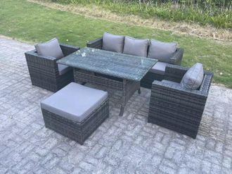 Fimous 6 Seater PE Wicker Rattan Garden Furniture Set Lounge Sofa Chair Dining Table Footstools in Dark Grey