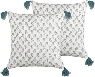 Beliani Conjunto De 2 Cojines De Algod&oacute;n Blanco Azul Gris 45 X 45 Cm A Mano Borlas Cornus