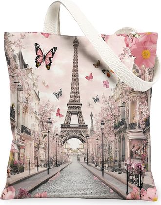 Generic Peach Floral Canvas Tote Bags, Butterfly Pattern Reusable Grocery Bags, Spring Vintage Lightweight Washable Shoulder for Travel Picnic 13x15 Inch