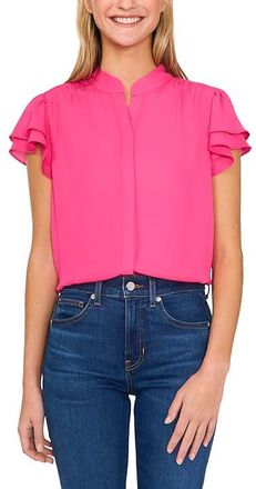 CeCe by Cynthia Steffe Double Flutter Short Sleeves Hidden Placket Blouse Womens Clothing Bright Rose : SM, Polyester