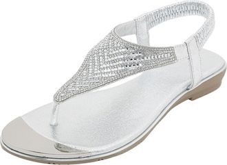 Generic Women Summer Elastic Strap Rhinestone Casual Open Toe Flat Sandals with Soft Breathable Sole (Silver, 6.5)