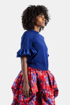 Comme Des Gar&ccedil;ons Womens Blue Knit Top With Satin Ruffles