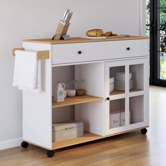 IDMarket ACHILLE XXL aparador de cocina con estante y armario de madera y cristal blanco L.100 CM