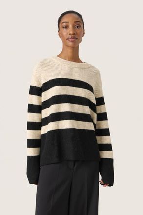 Soaked In Luxury SLSelta Knitted Striped Pullover in Sandshell W Black Stripe at Nordstrom, Size Xx-Large