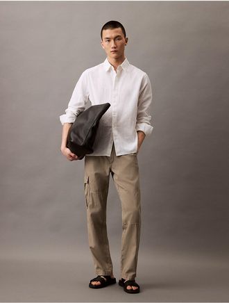 Calvin Klein Mens Linen Cotton Classic Button-Down Shirt - White - L