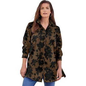 Roaman's Kate Long-Sleeve Crisp Cotton-Blend Button-Front Tunic in Brown Black Silhouette at Nordstrom, Size 42