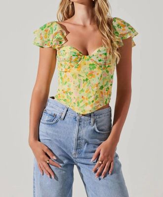 Astr Corazon Ruffle Sleeve Top In Yellow Green Multi
