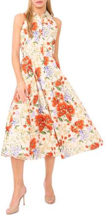 Ted Baker Noemi Floral Pleated Sleeveless Cotton Midi Shirtdress in Fire Orange at Nordstrom, Size 12