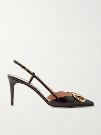Valentino Garavani D&eacute;collet&eacute; Slingback In Pelle Effetto Coccodrillo Con Decorazione Vlogo 80 - Marrone