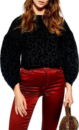Topshop Sequin Embellished Leopard Sweater in Black at Nordstrom, Size 12 Us