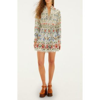 Farm Rio Stitched Garden Long Sleeve Cotton Blend Mini Shirtdress in Off-White at Nordstrom, Size Xx-Small
