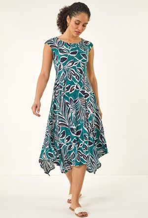 Roman Leaf Print Hanky Hem Maxi Dress