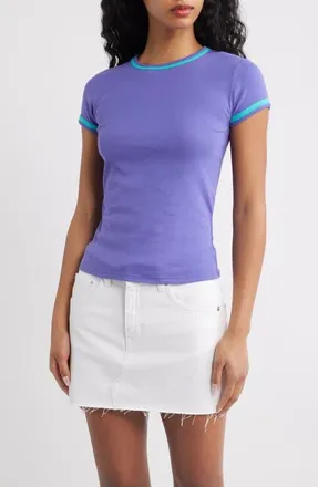 Topshop Everyday Contrast Trim Cotton T-Shirt in Purple at Nordstrom, Size X-Small
