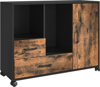 Relaxdays Contenedor M&oacute;vil Relaxdays, 2 Cajones, 4 Compartimentos, Hbt: 70 X 90 X 35 Cm, Carro Con Puerta, Estanter&iacute;a Marr&oacute;n/negro