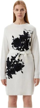 Love Moschino Kleedjes, Dames, Wit, S, Wol, Rozen Geborduurde Mini Jurk