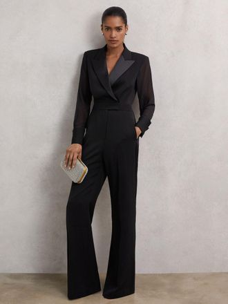 Reiss Black Sheer-sleeve Tuxedo Jumpsuit, 12