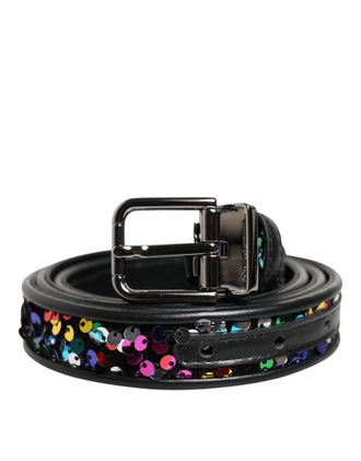 Dolce & Gabbana Black Sequin Embellished Metal Buckle Mens Belt