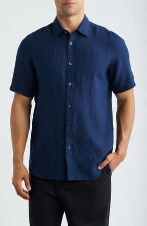 Bugatchi Orson Shaped Fit Short Sleeve Linen Button-Up Shirt in Navy at Nordstrom, Size Xxx-Large