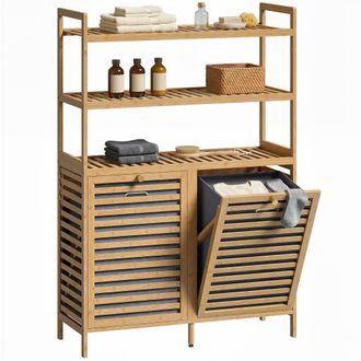HOMCOM Homcom Mueble Ropa Sucia De Bamb&uacute;, 2 En 1, Mueble De Ba&ntilde;o Con 2 Cestos Para Ropa Sucia Inclinables 38,7 L Y 3 Estantes, 80x30x118 Cm, Roble