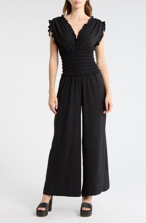 Max Studio V-Neck Smocked Waist Jumpsuit in Black-Black at Nordstrom Rack, Size X-Small