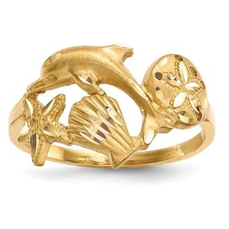 Diamond2Deal 14k Yellow Gold Diamond-cut Dolphin Starfish Shell Sand Dollar Ring