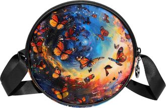 Generic Circle Crossbody Bag for Women, Butterflies Small Sling Bag Daypack with Zipper Adjustable Shoulder Straps Casual Ladies Girls Round Purse