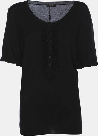 Basler Black Stretch Knit Ruffle Detail Tops