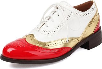 Generic Womens Classic Oxford Wingtip Flats PU Leather Round Toe Tri-Color Design Perforated Brogue Shallow Lace-Up Shoes Vintage British Style Comfortable Dr