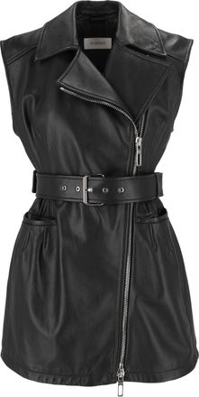 Sportmax Black Favella Asymmetrical Belted Sleeveless Leather Jacket