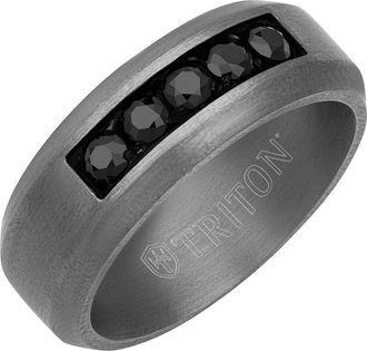 Triton 8MM Tantalum Ring with Channel Set Black Sapphires and Bevel Edge in Metallic Silver at Nordstrom, Size 11.5