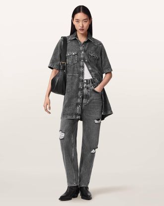 AllSaints Cotton/Lyocell Daisy Tapered Leg Distressed Denim Jeans, Size: UK 14/US 10