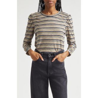 Veronica Beard Remus Stripe Ruched Long Sleeve T-Shirt in Variegated Multi Stripe at Nordstrom, Size X-Large