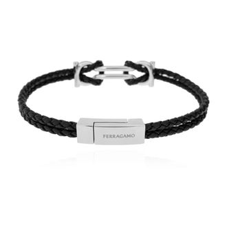 Ferragamo Gancini Geweven Armband - Heren - Armbanden - Zwart - M - Leer - Accessoires