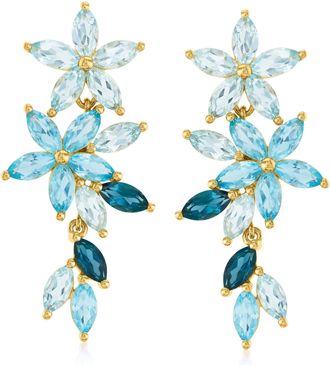 Ross-Simons Tonal Blue Topaz Floral Earrings in 18kt Gold Over Sterling