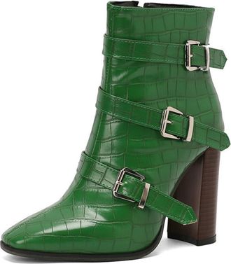 Generic Womens Square-Toe Buckle Detail Ankle Boots Chunky Heel Faux Leather Side Zip Booties,Green,7.5 UK